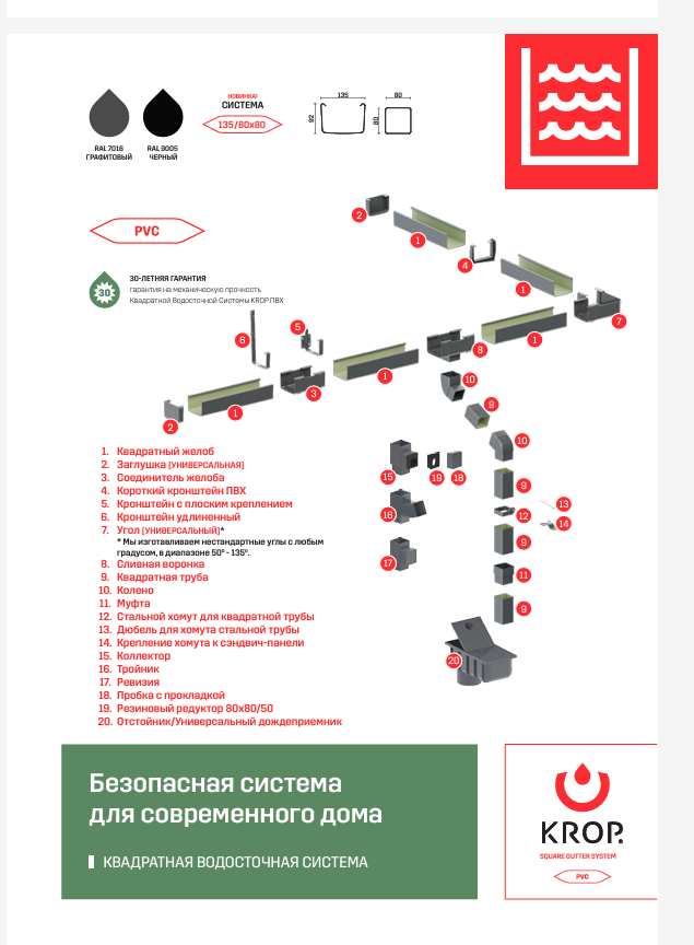 Кронштейн крепления водосточного желоба металлический длинный ПВХ KROP  квадратный 135/80 фото