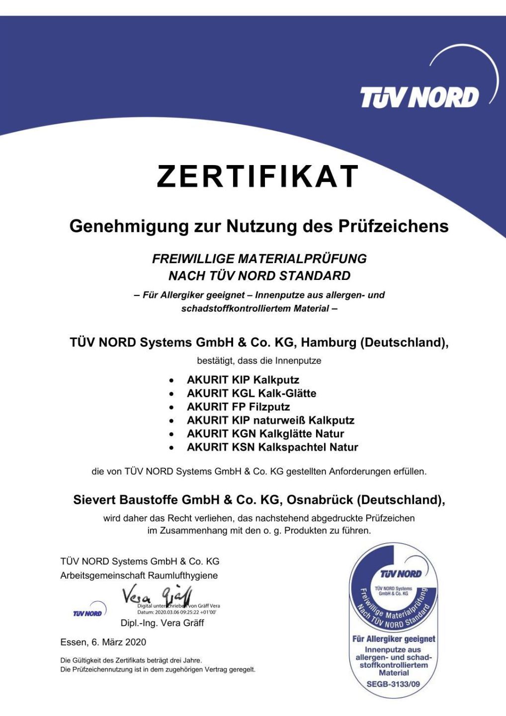 Сертификат TÜV Nord на известковую продукцию akurit